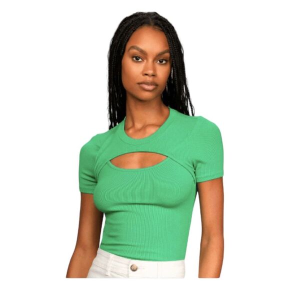 Lulu's Flirty Little Secret Top Green Ribbed Cutout Short Sleeve Top S - Picture 1 of 3